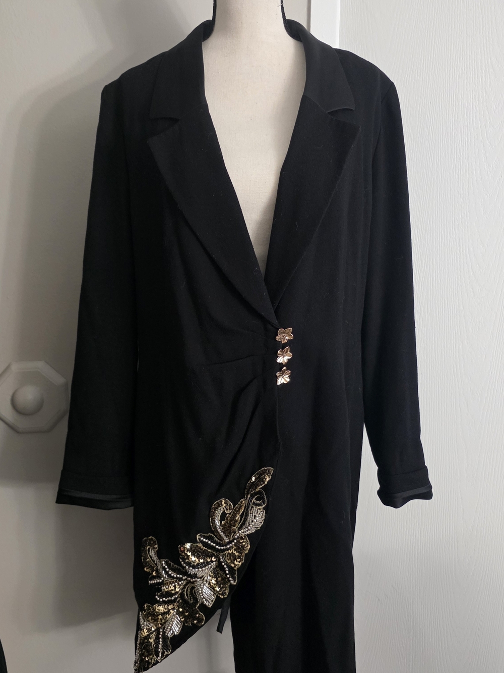 Kasper Black Coat with Gold Sequin Leaf Embellishment